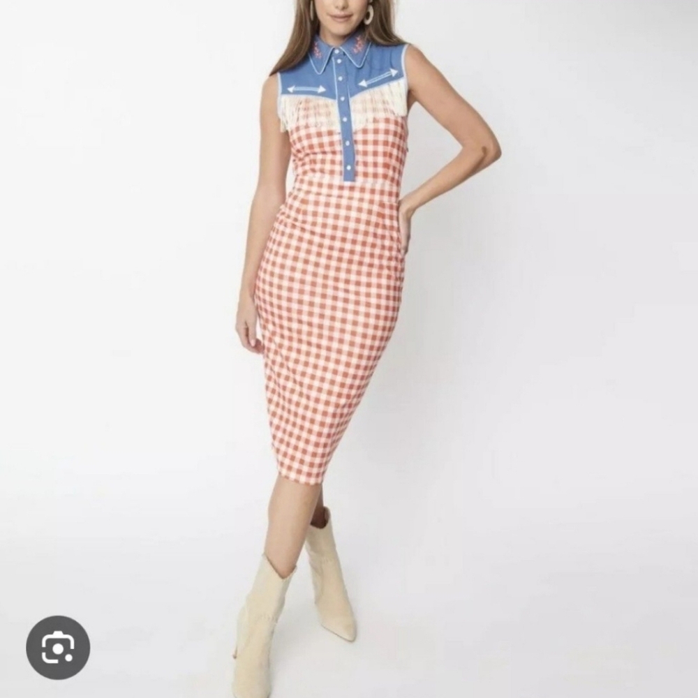 Unique Vintage Orange and Blue Midi Dress
